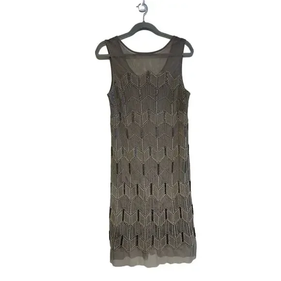 Sundance Mesh Overlay Beaded Chevron Silver Grey Dress Size 10 EUC - Picture 5 of 6